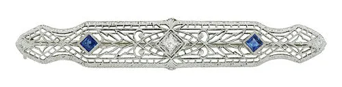 Antique Sapphire and Diamond Filigree Art Deco Bar Brooch in 14 Karat White Gold and Platinum