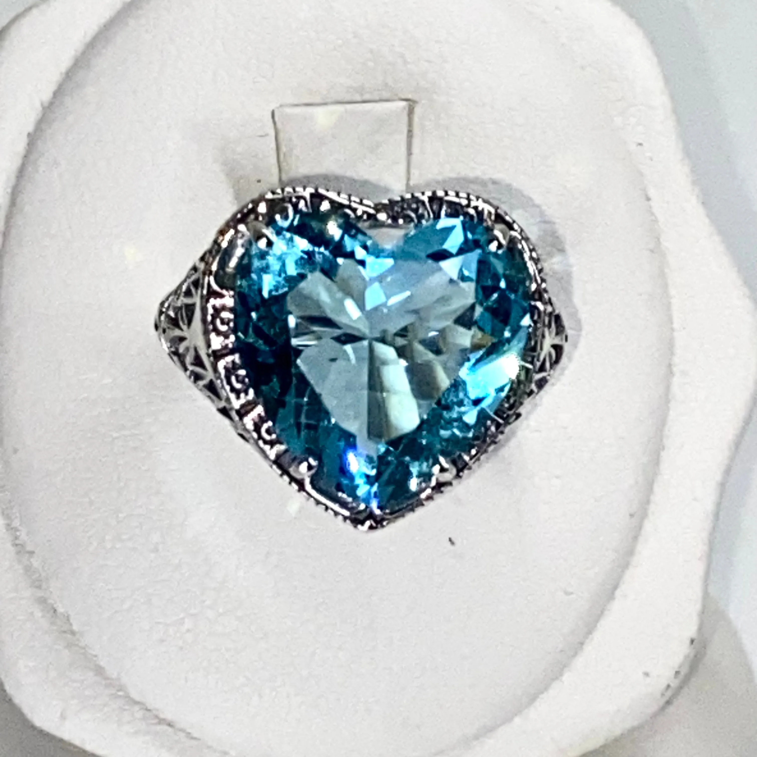 Aquamarine Ring, Heart Gem, Victorian Filigree Jewelry #D59