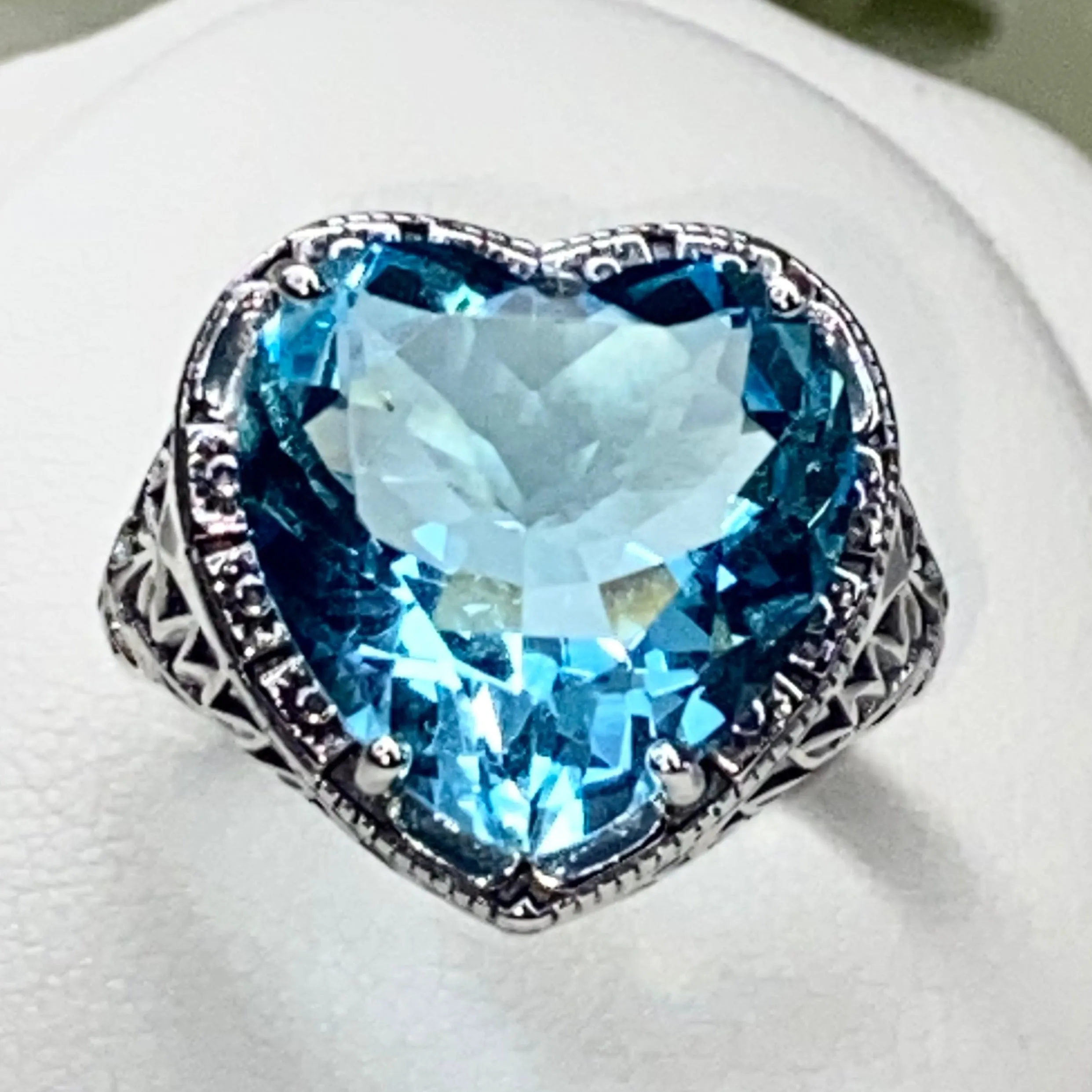 Aquamarine Ring, Heart Gem, Victorian Filigree Jewelry #D59
