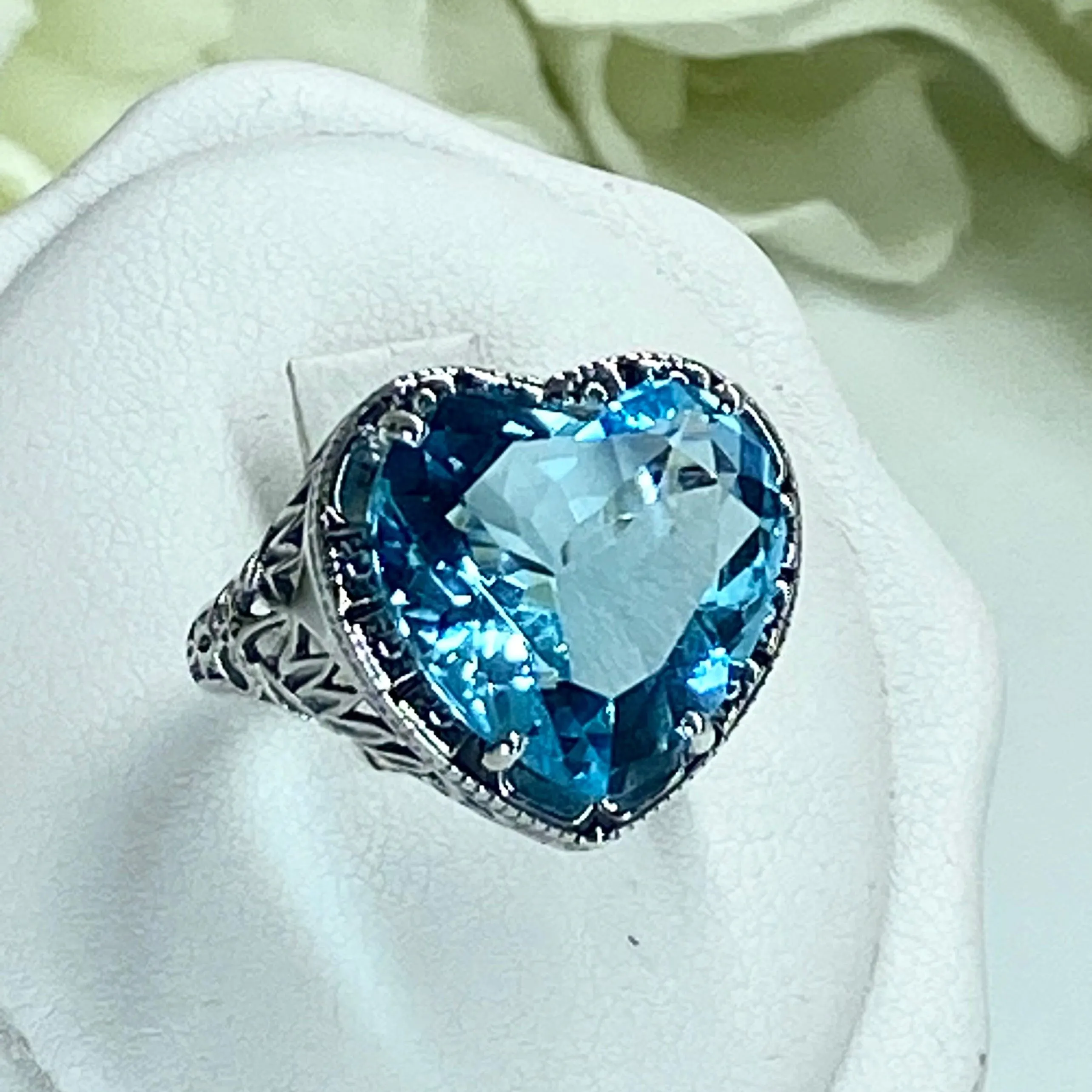Aquamarine Ring, Heart Gem, Victorian Filigree Jewelry #D59