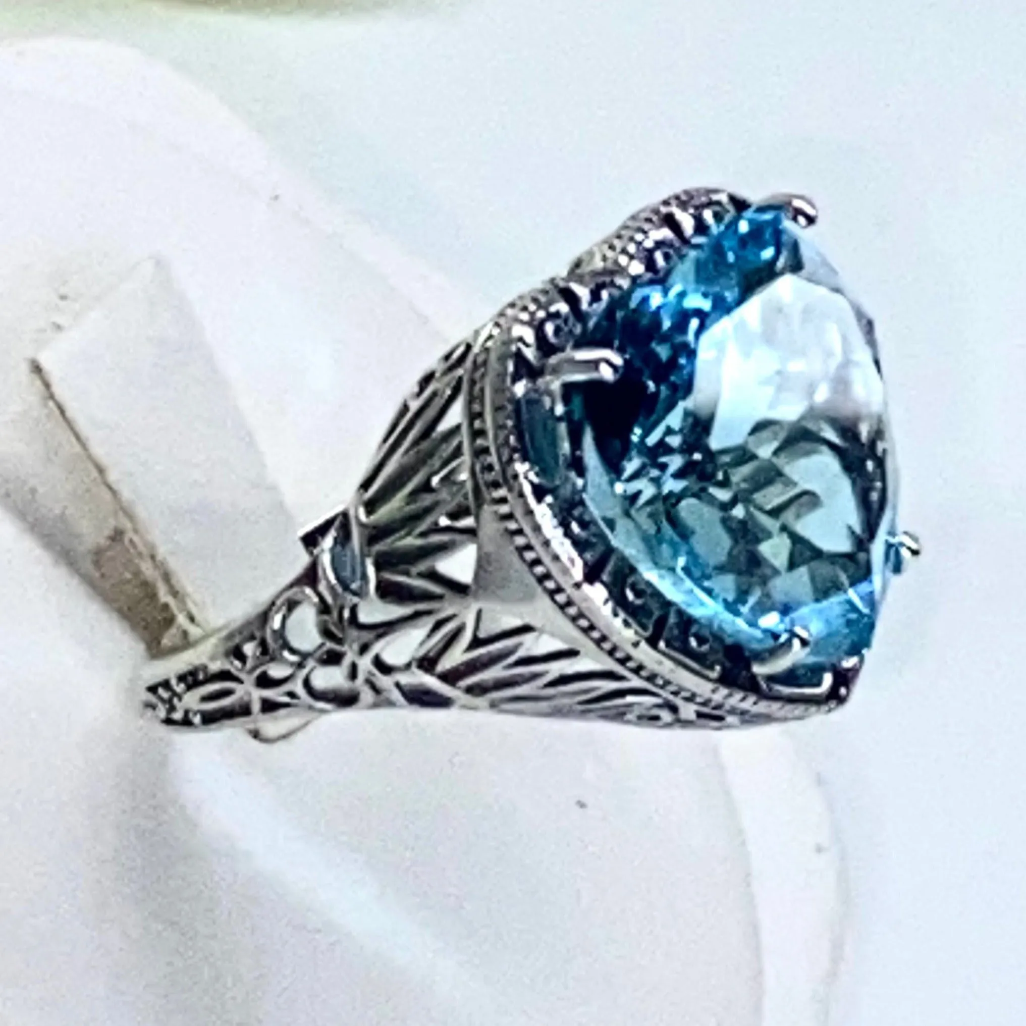 Aquamarine Ring, Heart Gem, Victorian Filigree Jewelry #D59