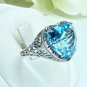 Aquamarine Ring, Heart Gem, Victorian Filigree Jewelry #D59