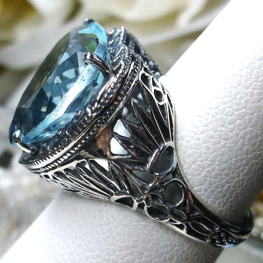 Aquamarine Ring, Heart Gem, Victorian Filigree Jewelry #D59