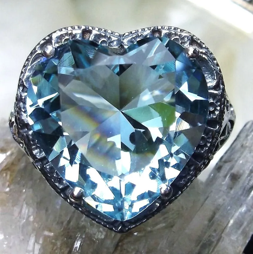 Aquamarine Ring, Heart Gem, Victorian Filigree Jewelry #D59