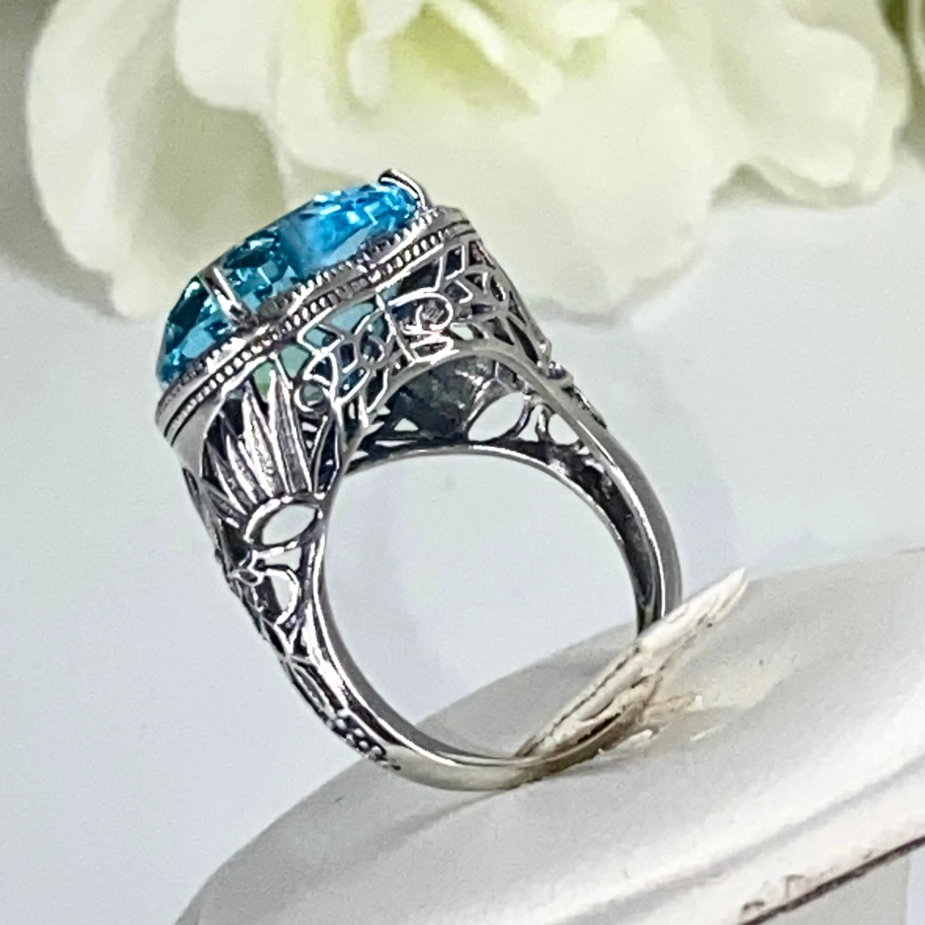 Aquamarine Ring, Heart Gem, Victorian Filigree Jewelry #D59