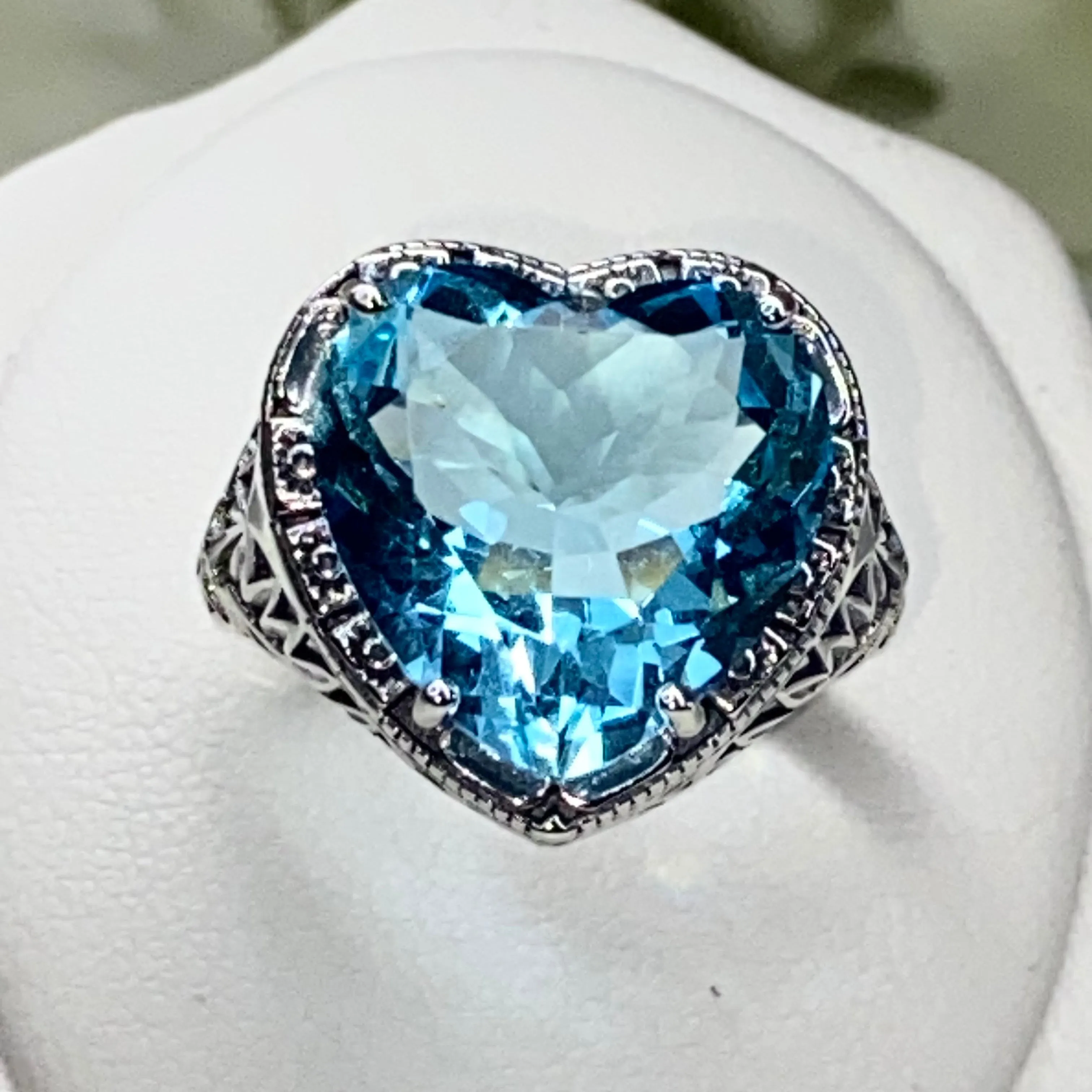 Aquamarine Ring, Heart Gem, Victorian Filigree Jewelry #D59