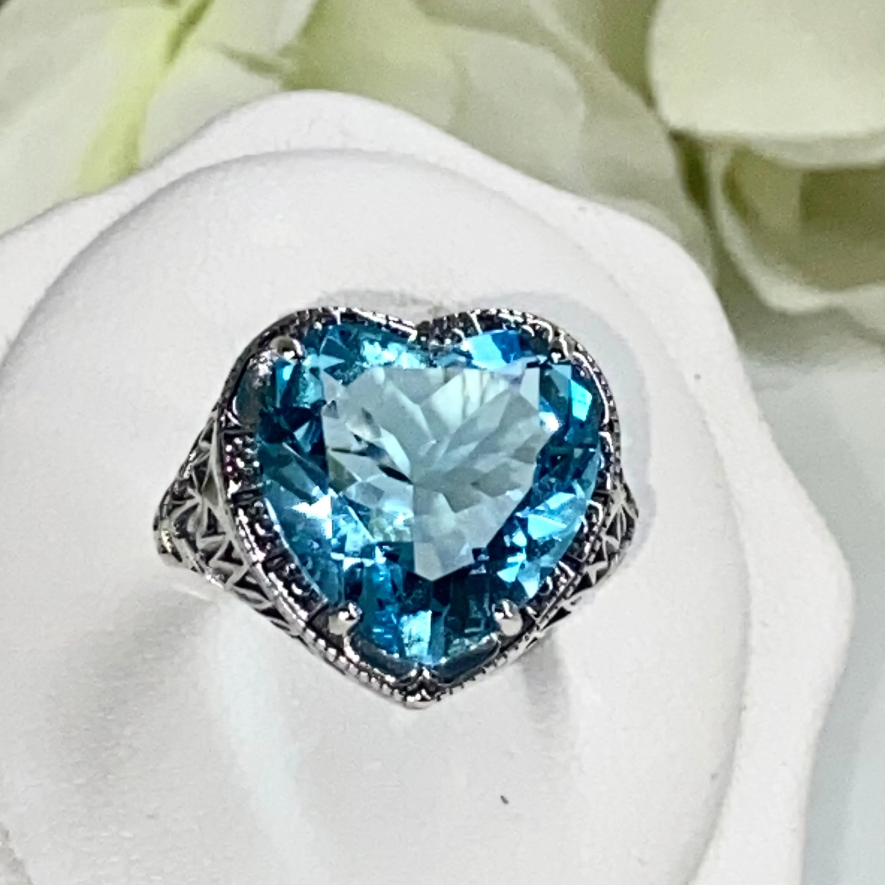 Aquamarine Ring, Heart Gem, Victorian Filigree Jewelry #D59