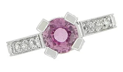 Art Deco 1 Carat Pink Sapphire Engraved Castle Engagement Ring in Platinum