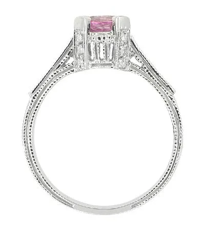 Art Deco 1 Carat Pink Sapphire Engraved Castle Engagement Ring in Platinum
