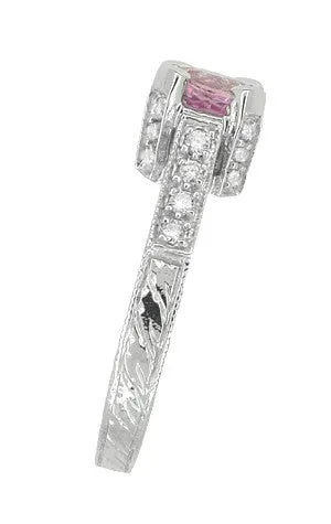 Art Deco 1 Carat Pink Sapphire Engraved Castle Engagement Ring in Platinum