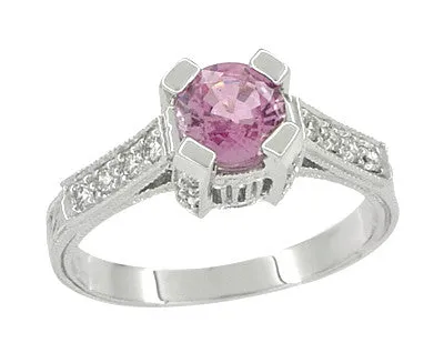 Art Deco 1 Carat Pink Sapphire Engraved Castle Engagement Ring in Platinum