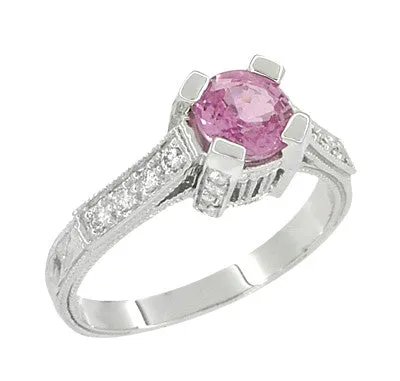 Art Deco 1 Carat Pink Sapphire Engraved Castle Engagement Ring in Platinum