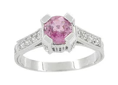 Art Deco 1 Carat Pink Sapphire Engraved Castle Engagement Ring in Platinum