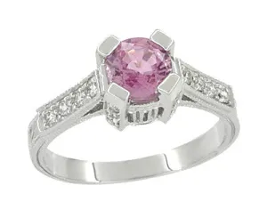 Art Deco 1 Carat Pink Sapphire Engraved Castle Engagement Ring in Platinum