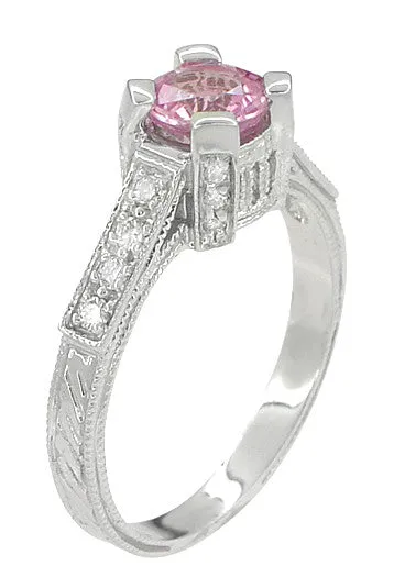 Art Deco 1 Carat Pink Sapphire Engraved Castle Engagement Ring in Platinum