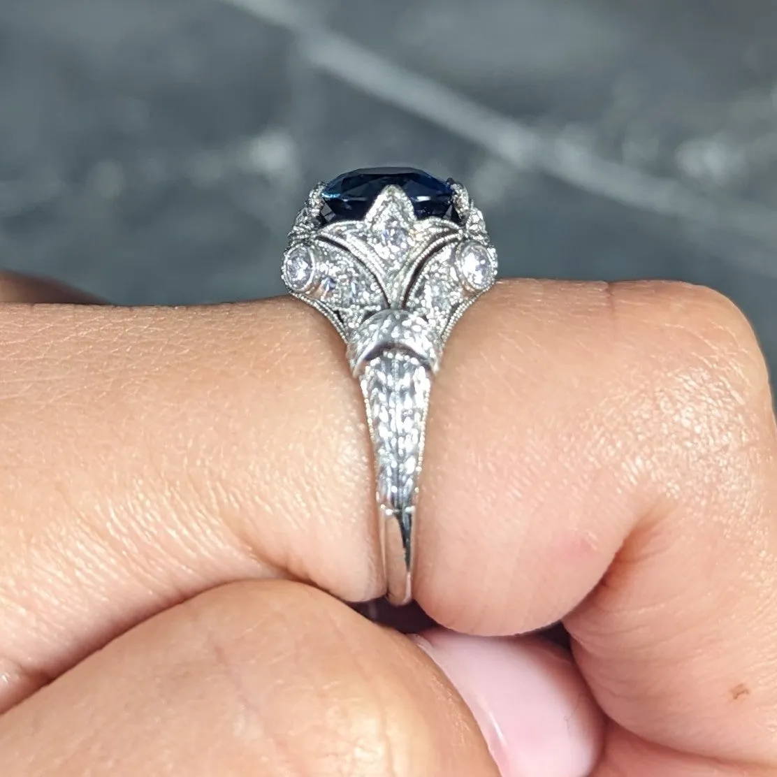 Art Deco 3.21 CTW No Heat Cushion Cut Sapphire Diamond Platinum Fleur-De-Lis Gemstone Ring