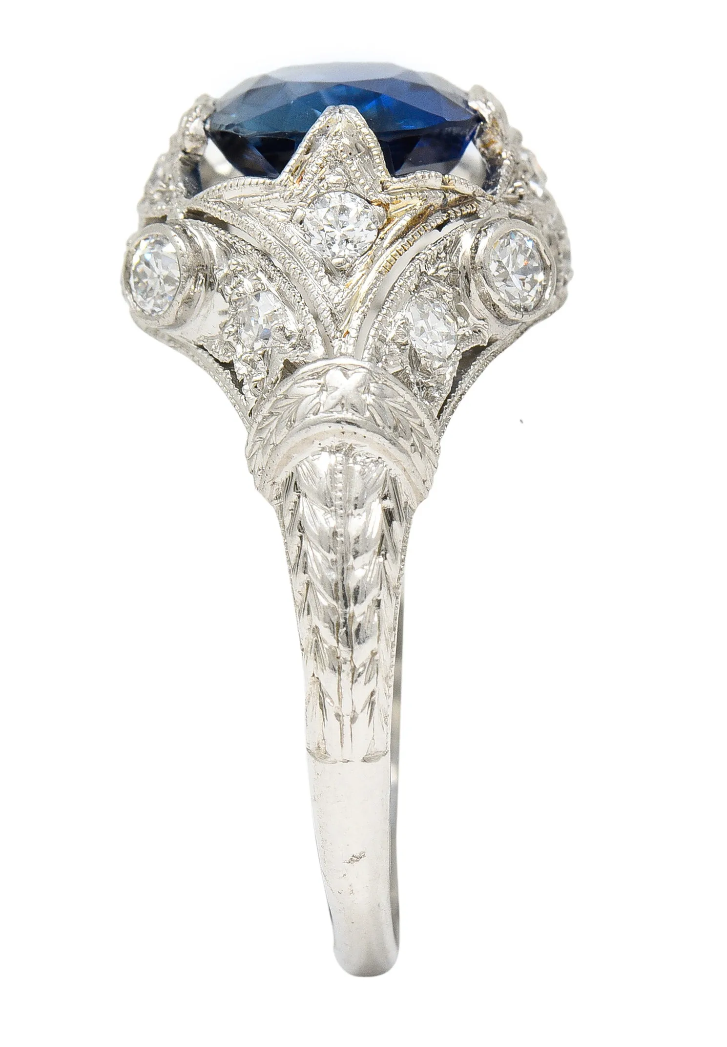 Art Deco 3.21 CTW No Heat Cushion Cut Sapphire Diamond Platinum Fleur-De-Lis Gemstone Ring