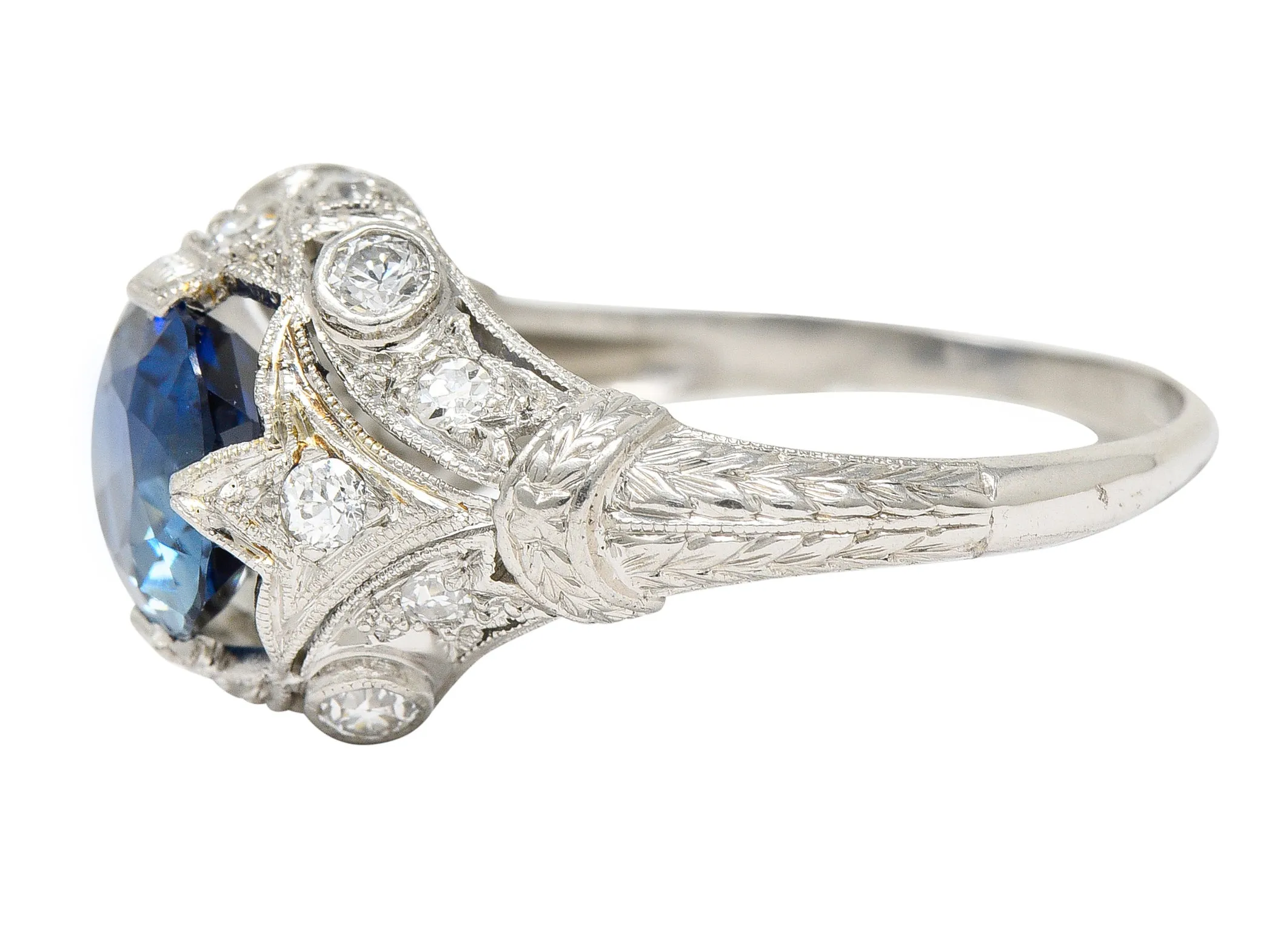 Art Deco 3.21 CTW No Heat Cushion Cut Sapphire Diamond Platinum Fleur-De-Lis Gemstone Ring