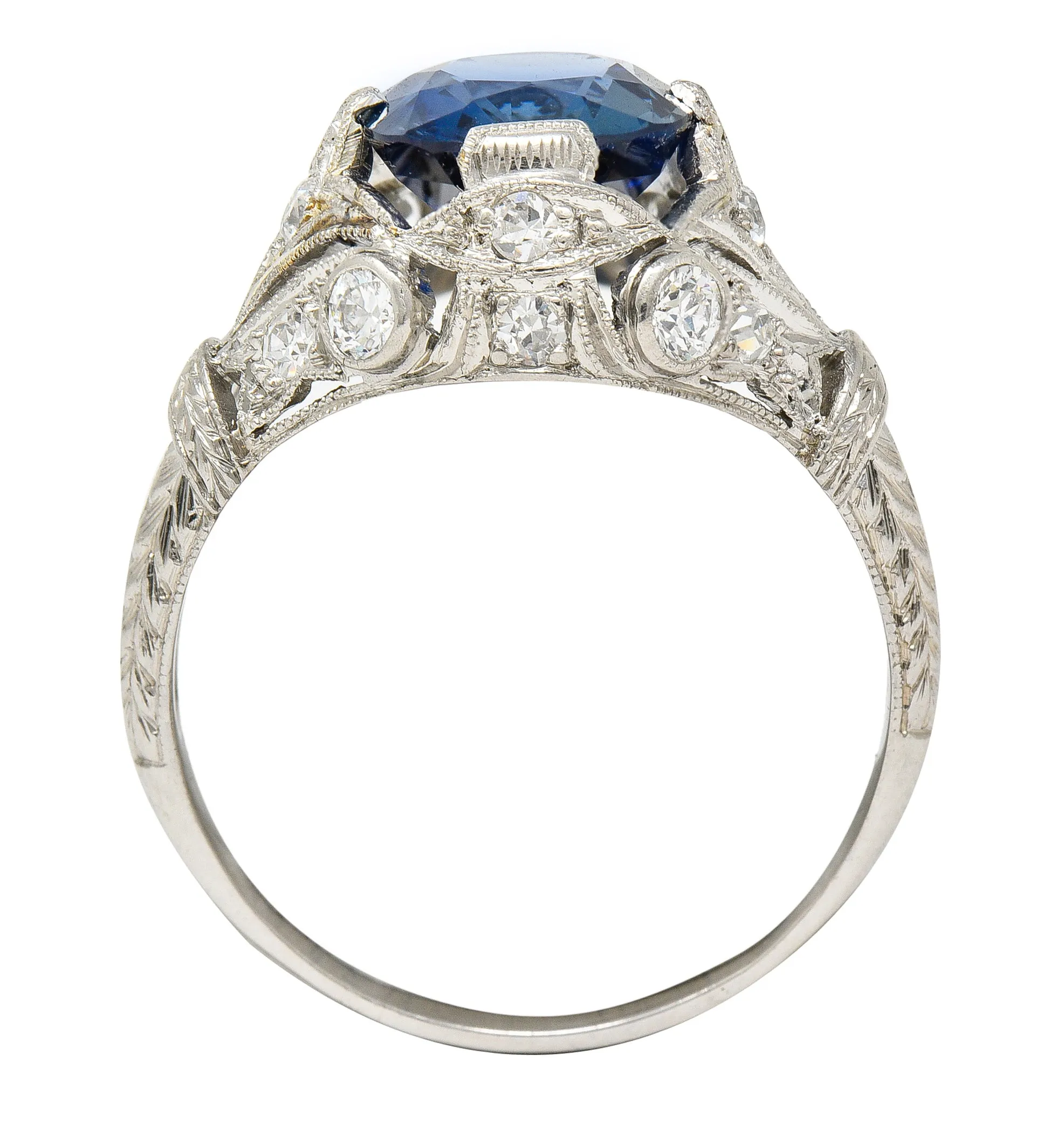 Art Deco 3.21 CTW No Heat Cushion Cut Sapphire Diamond Platinum Fleur-De-Lis Gemstone Ring