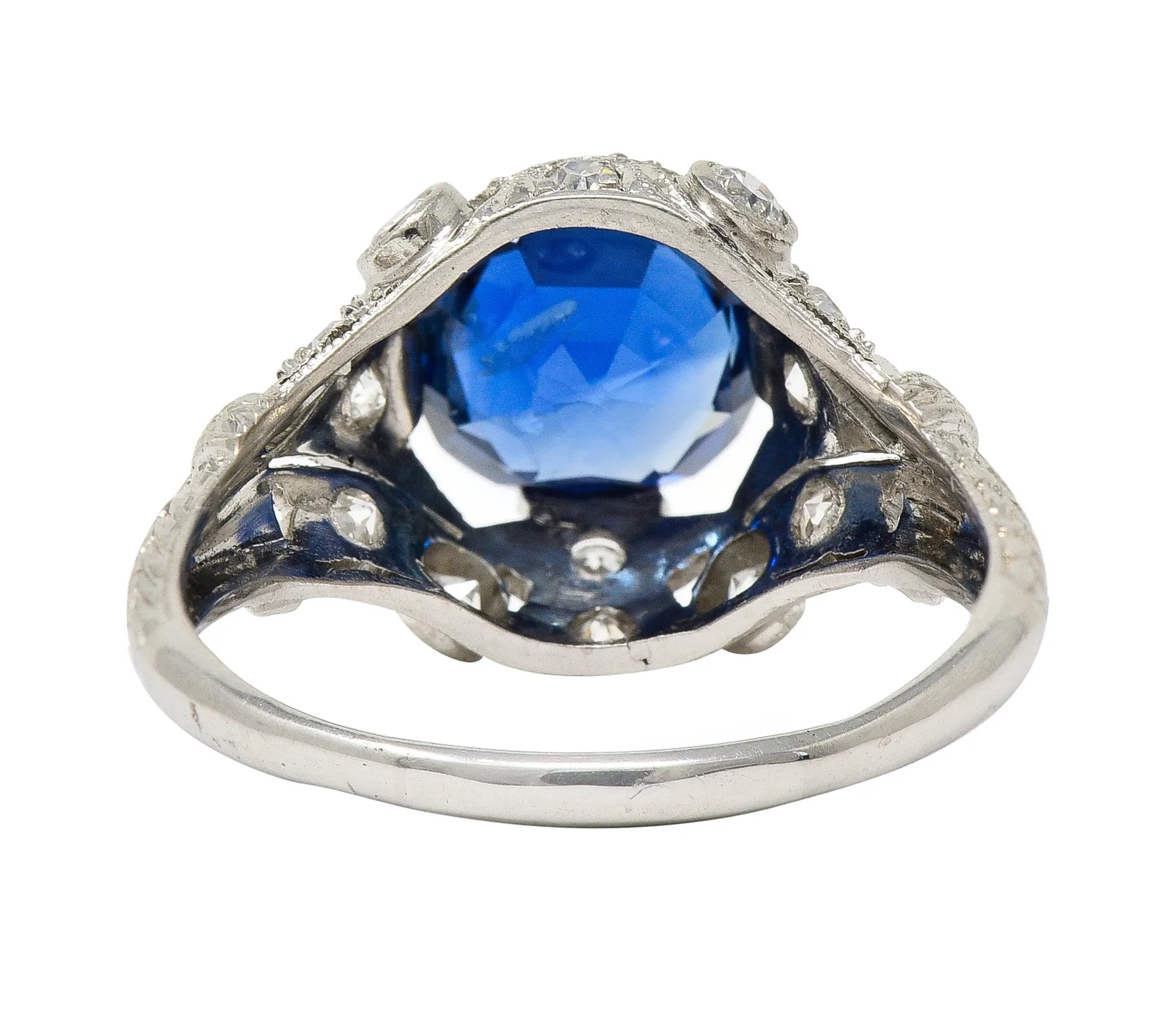 Art Deco 3.21 CTW No Heat Cushion Cut Sapphire Diamond Platinum Fleur-De-Lis Gemstone Ring