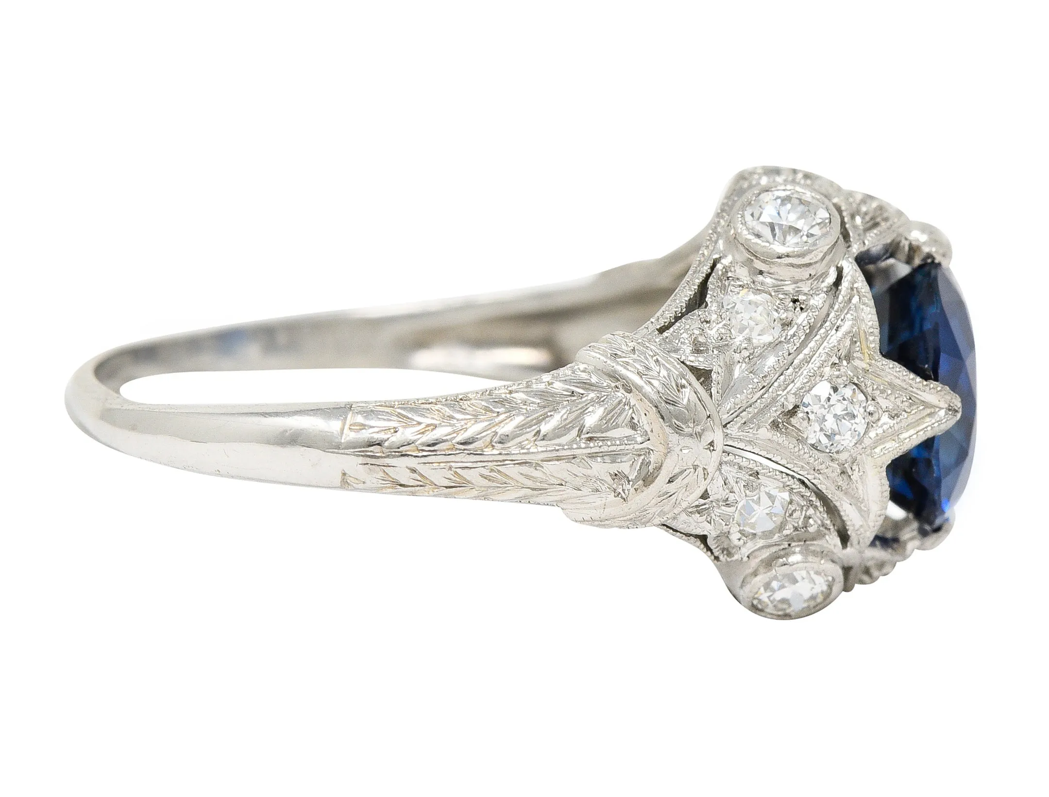 Art Deco 3.21 CTW No Heat Cushion Cut Sapphire Diamond Platinum Fleur-De-Lis Gemstone Ring