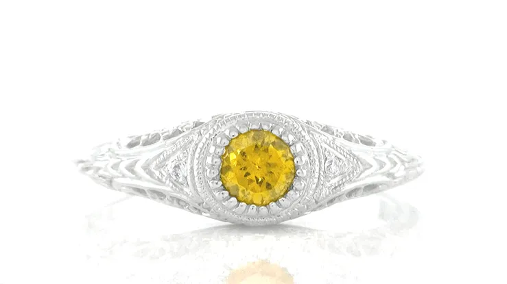 Art Deco Engraved Platinum Yellow Sapphire and Diamond Filigree Engagement Ring
