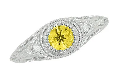 Art Deco Engraved Platinum Yellow Sapphire and Diamond Filigree Engagement Ring