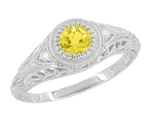 Art Deco Engraved Platinum Yellow Sapphire and Diamond Filigree Engagement Ring