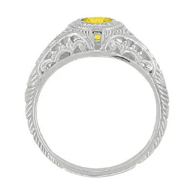 Art Deco Engraved Platinum Yellow Sapphire and Diamond Filigree Engagement Ring
