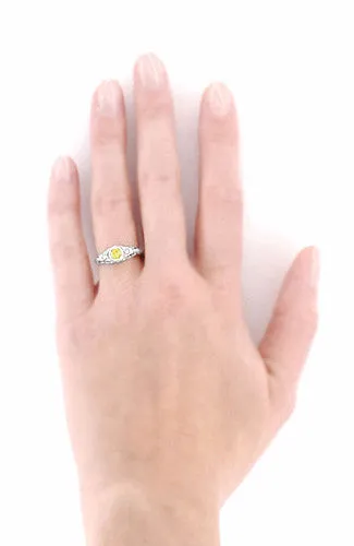 Art Deco Engraved Platinum Yellow Sapphire and Diamond Filigree Engagement Ring