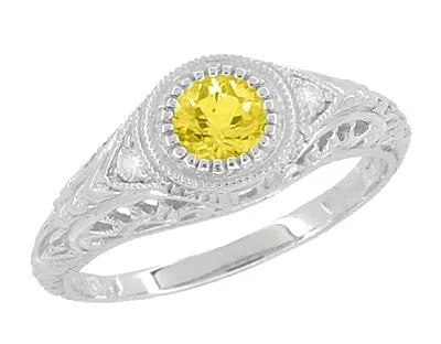 Art Deco Engraved Platinum Yellow Sapphire and Diamond Filigree Engagement Ring