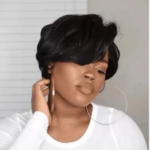 August | Black Short Pixie Cut Wavy Synthetic Hair Wig