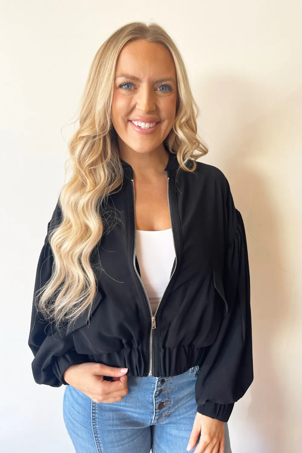 Balloon Sleeve Zipper Jacket