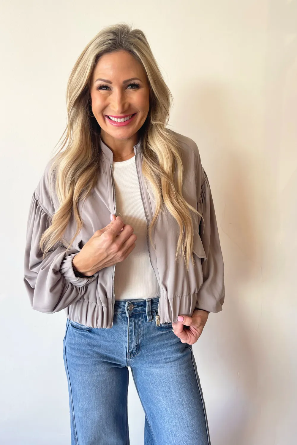 Balloon Sleeve Zipper Jacket