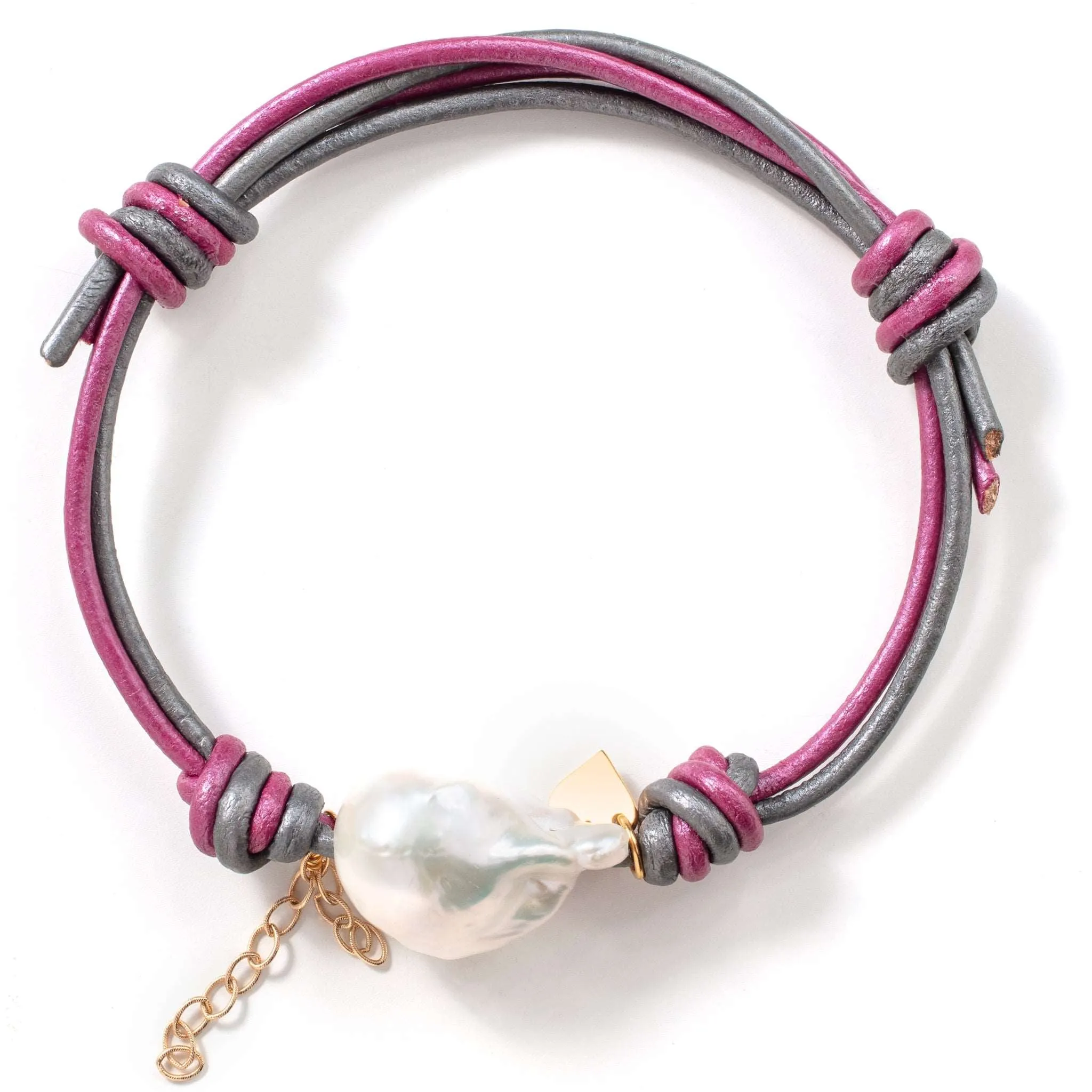 Barbie Baroque Pearl Gold  Heart Chain Leather Bracelet