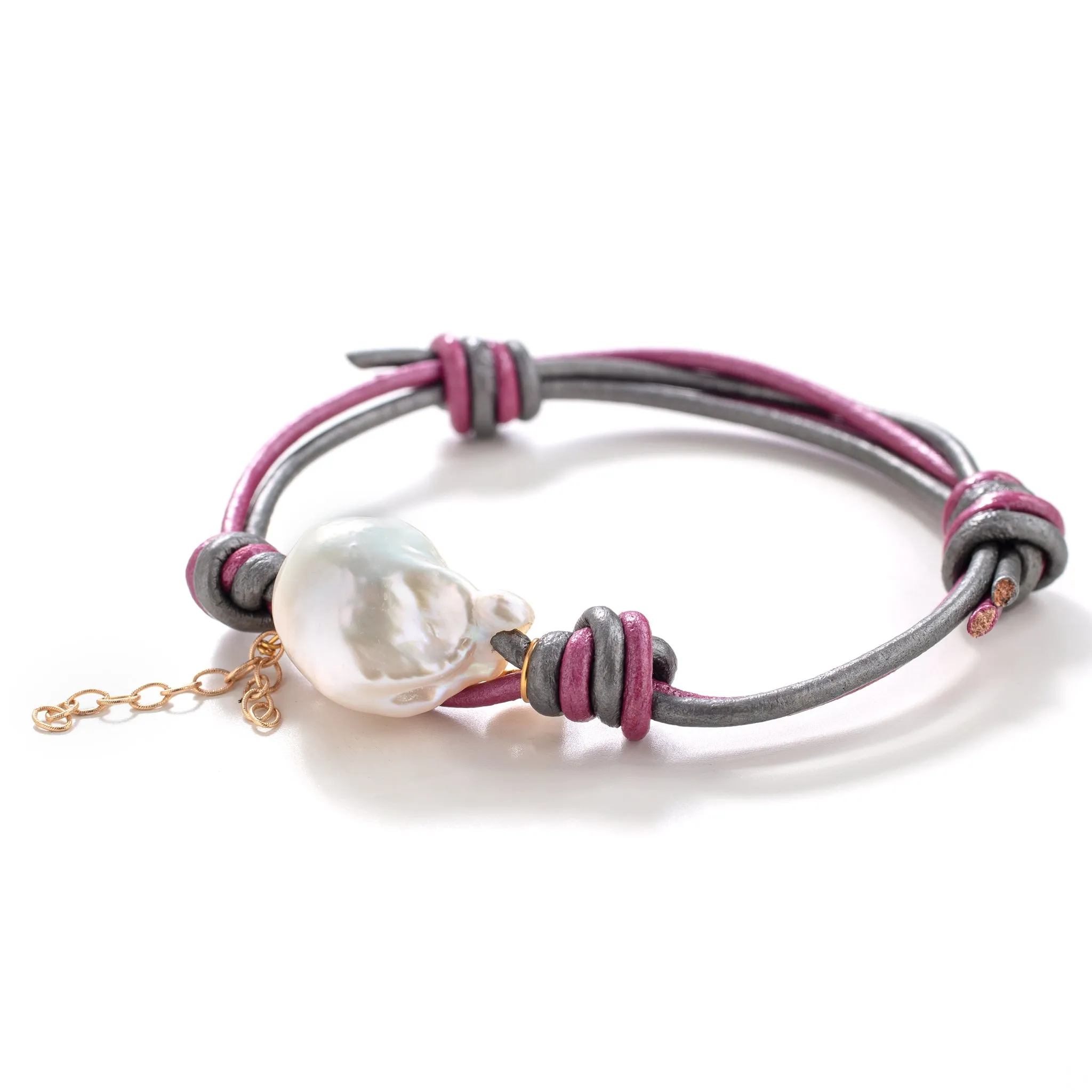 Barbie Baroque Pearl Gold  Heart Chain Leather Bracelet