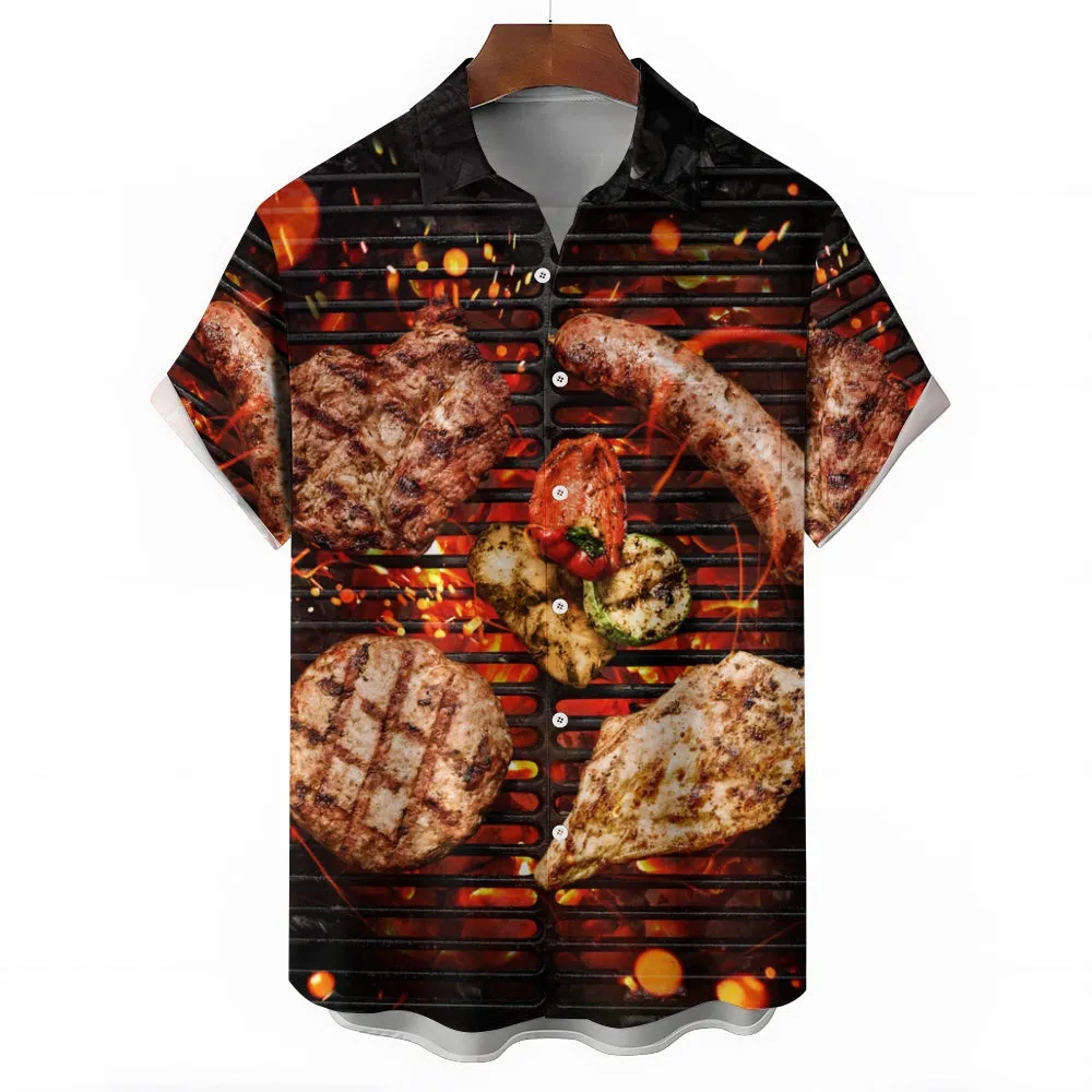 BBQ Food Print Casual Large Size Short Sleeve Shirt 2408002710
