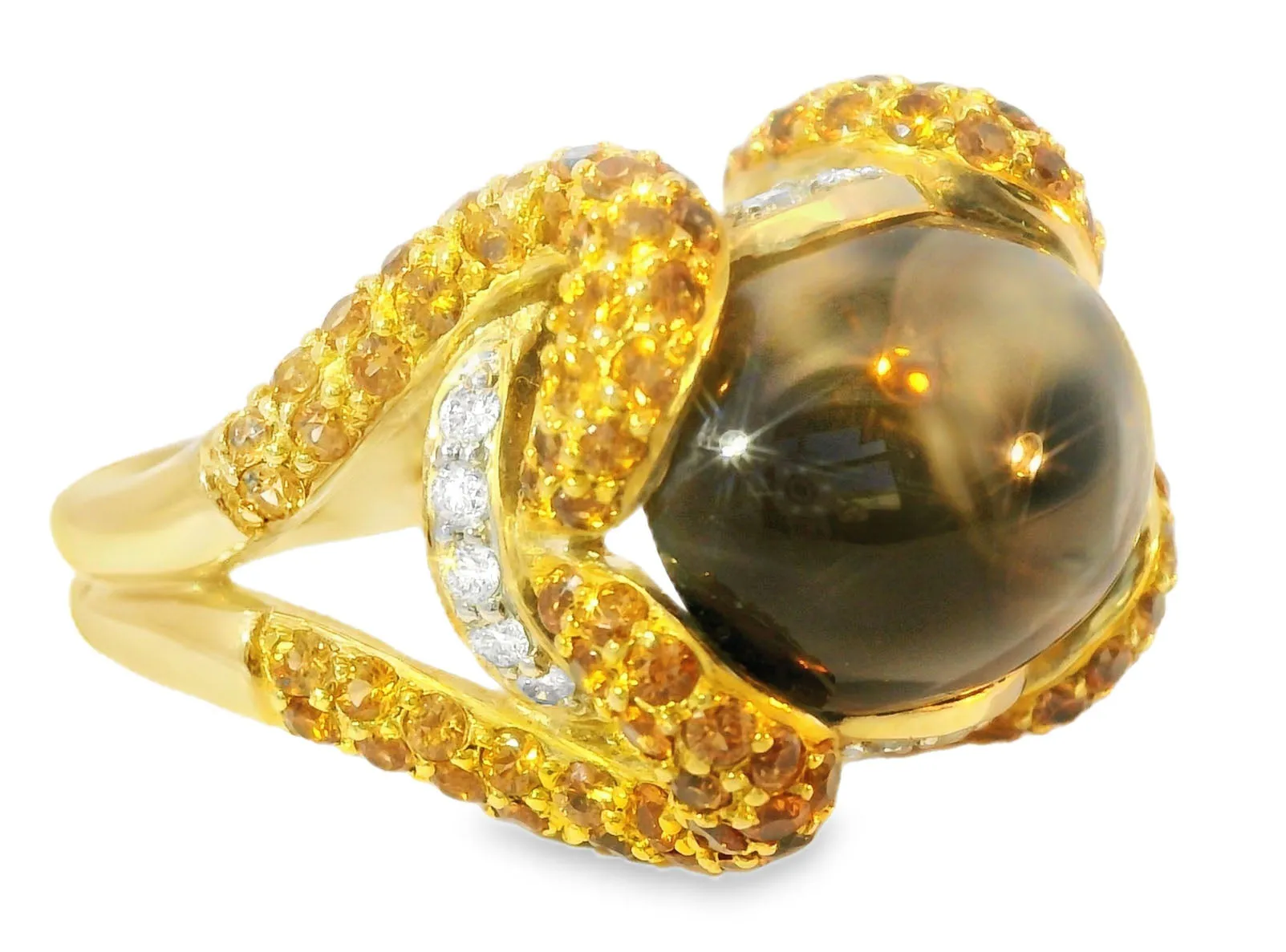 Beautiful 14K Yellow Gold Diamond Cabochon Smokey Quartz Sapphire Ring