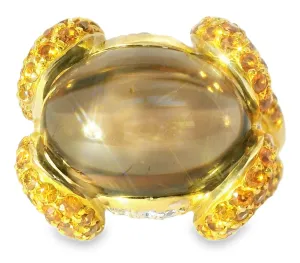 Beautiful 14K Yellow Gold Diamond Cabochon Smokey Quartz Sapphire Ring