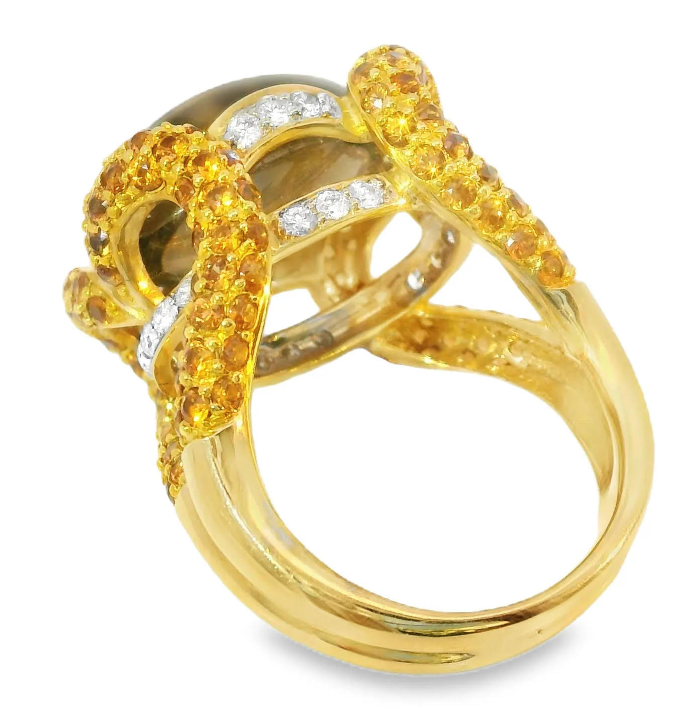 Beautiful 14K Yellow Gold Diamond Cabochon Smokey Quartz Sapphire Ring