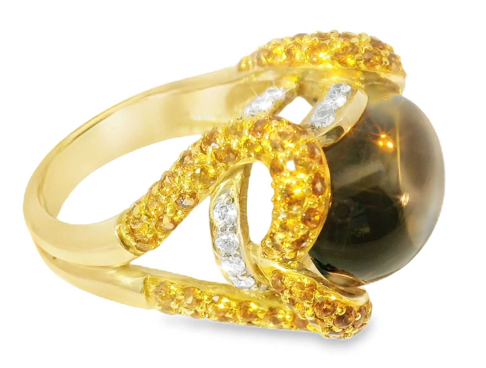 Beautiful 14K Yellow Gold Diamond Cabochon Smokey Quartz Sapphire Ring