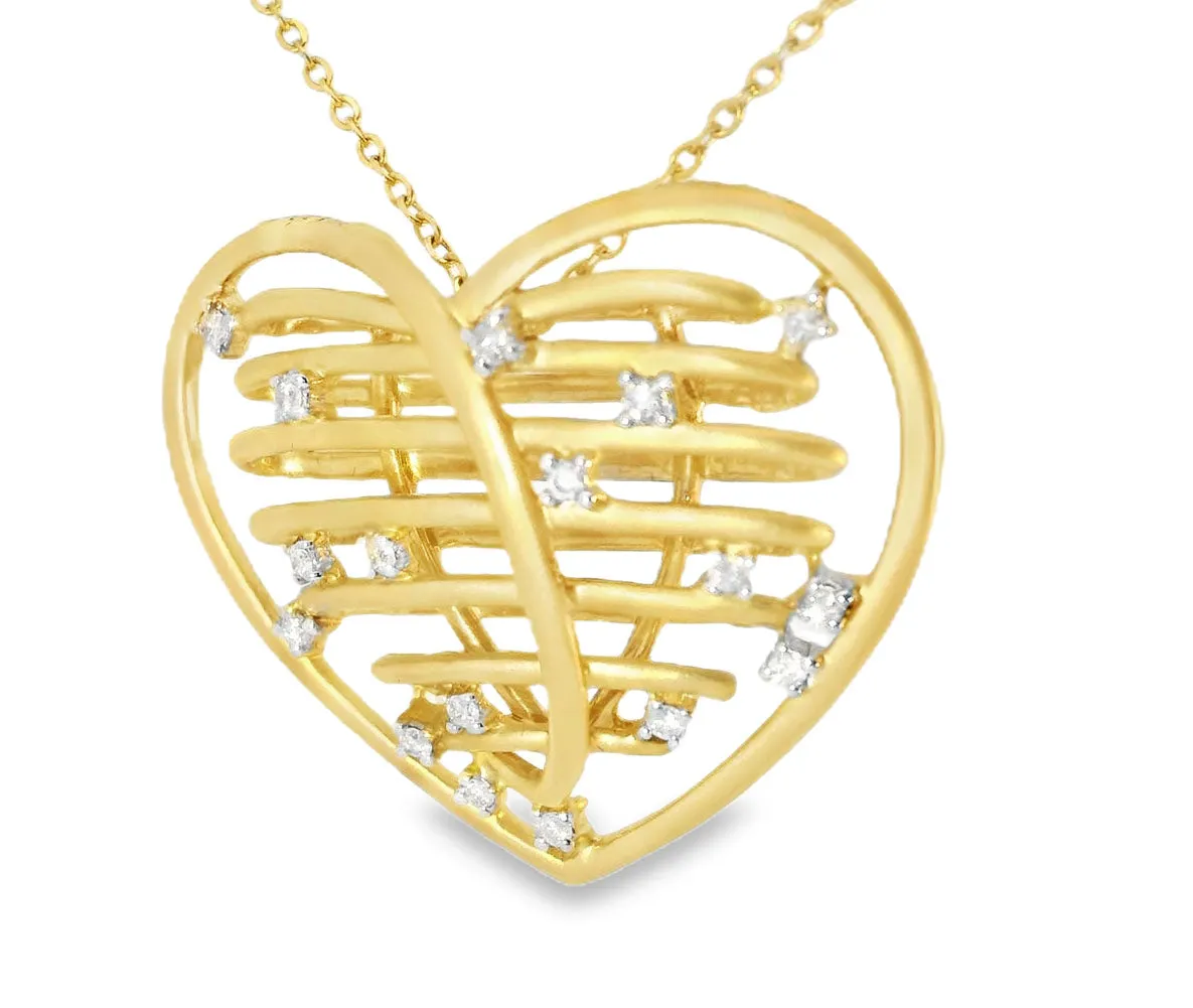 Beautiful Estate 14K Matte Yellow Gold Huge Wired Diamond Heart Pendant