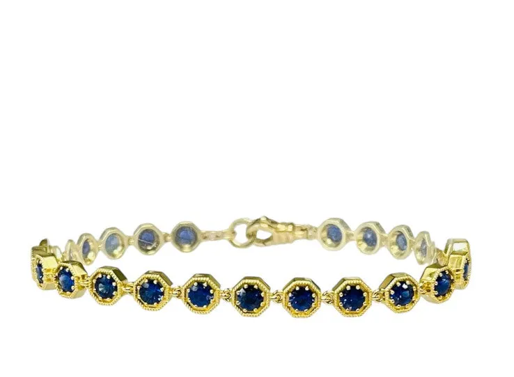 Blue Sapphire and 18k Yellow Gold Tennis Bracelet, 4.96 Carats Total, 7 Inches