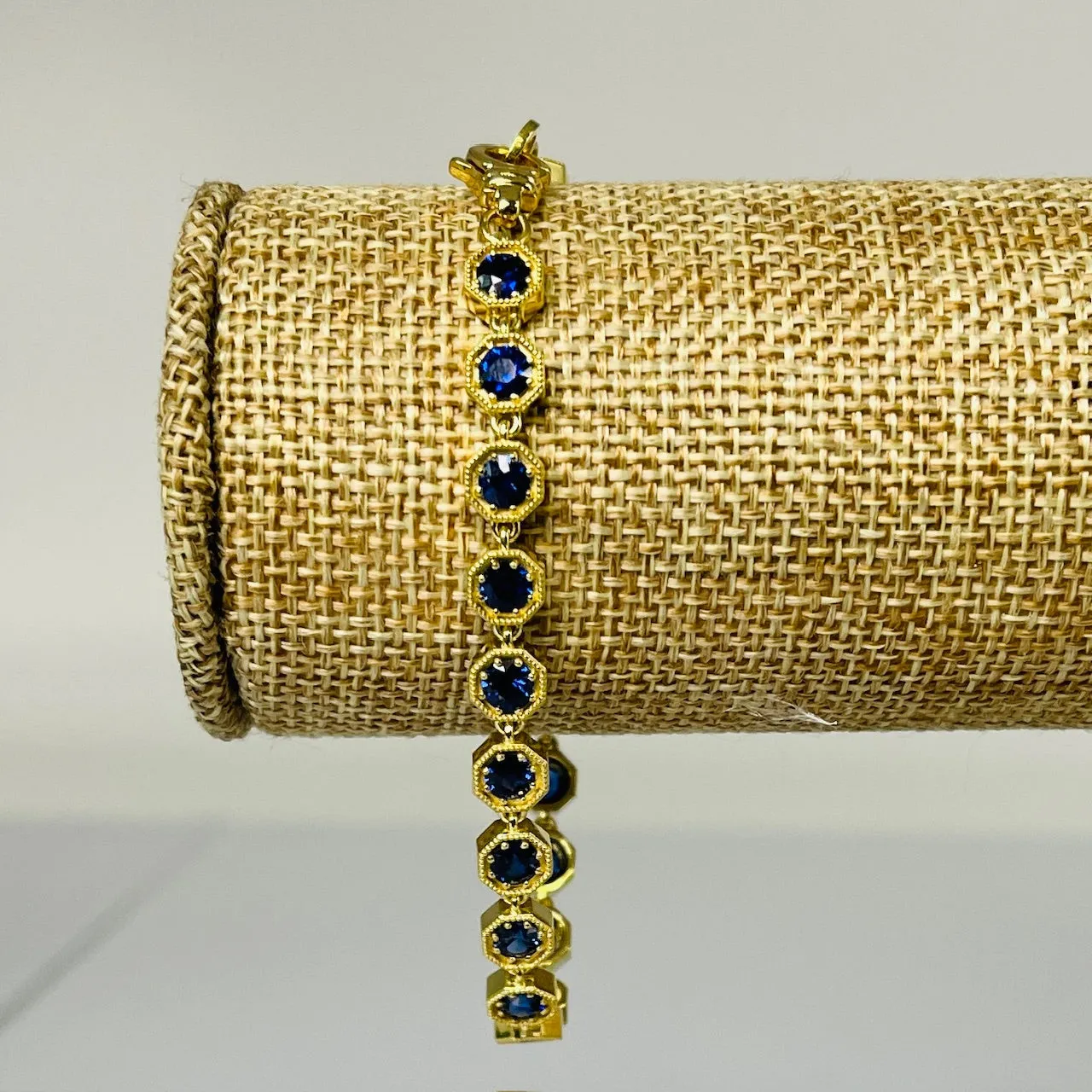 Blue Sapphire and 18k Yellow Gold Tennis Bracelet, 4.96 Carats Total, 7 Inches