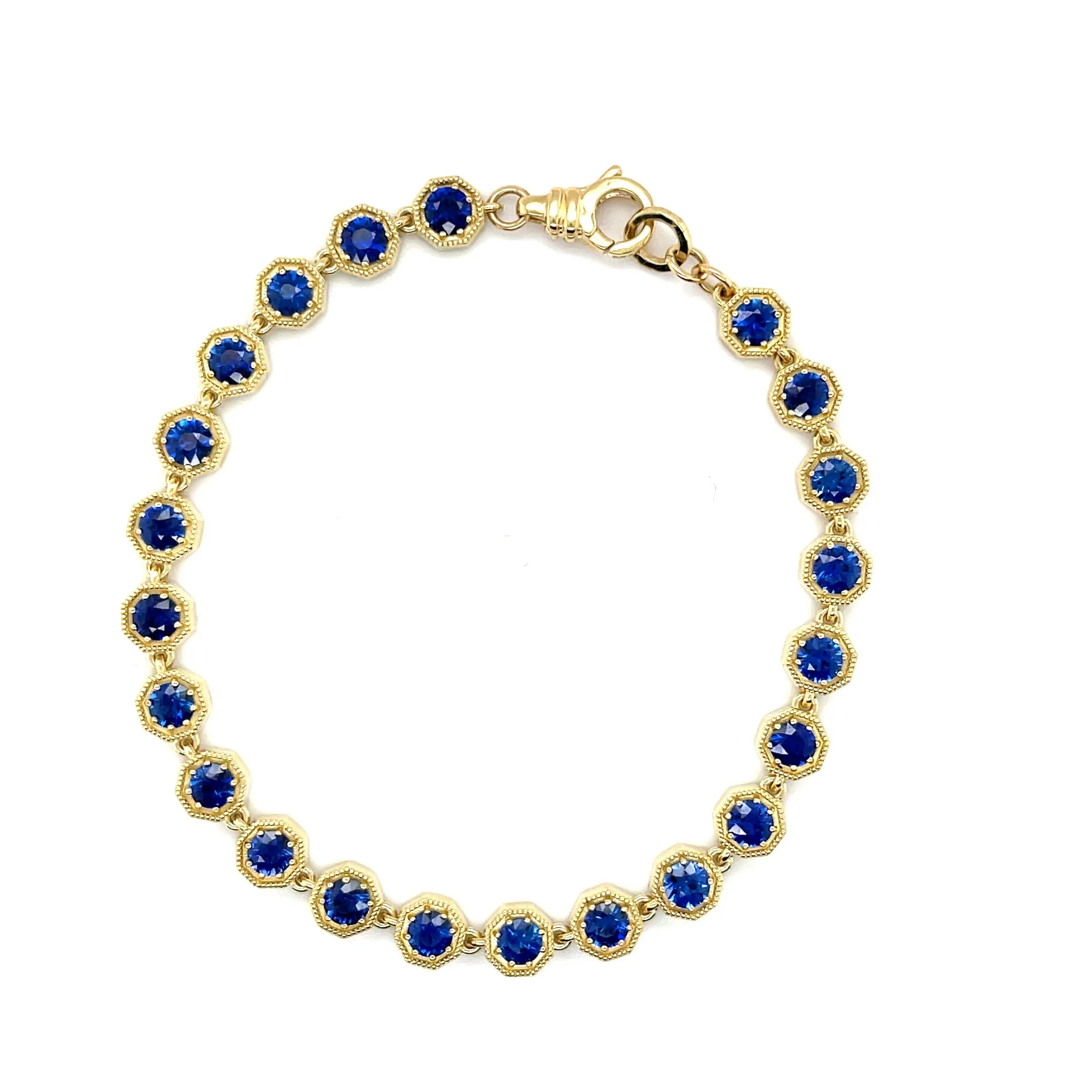 Blue Sapphire and 18k Yellow Gold Tennis Bracelet, 4.96 Carats Total, 7 Inches