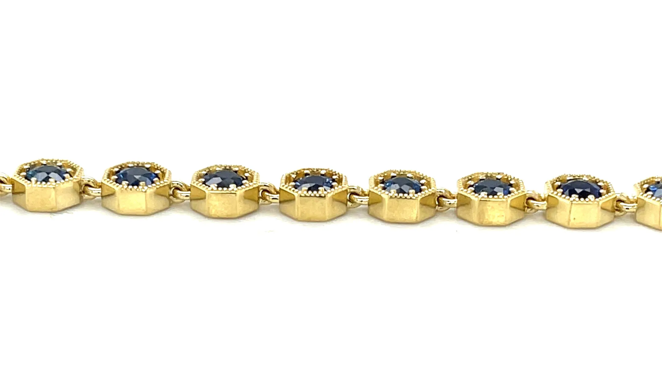 Blue Sapphire and 18k Yellow Gold Tennis Bracelet, 4.96 Carats Total, 7 Inches