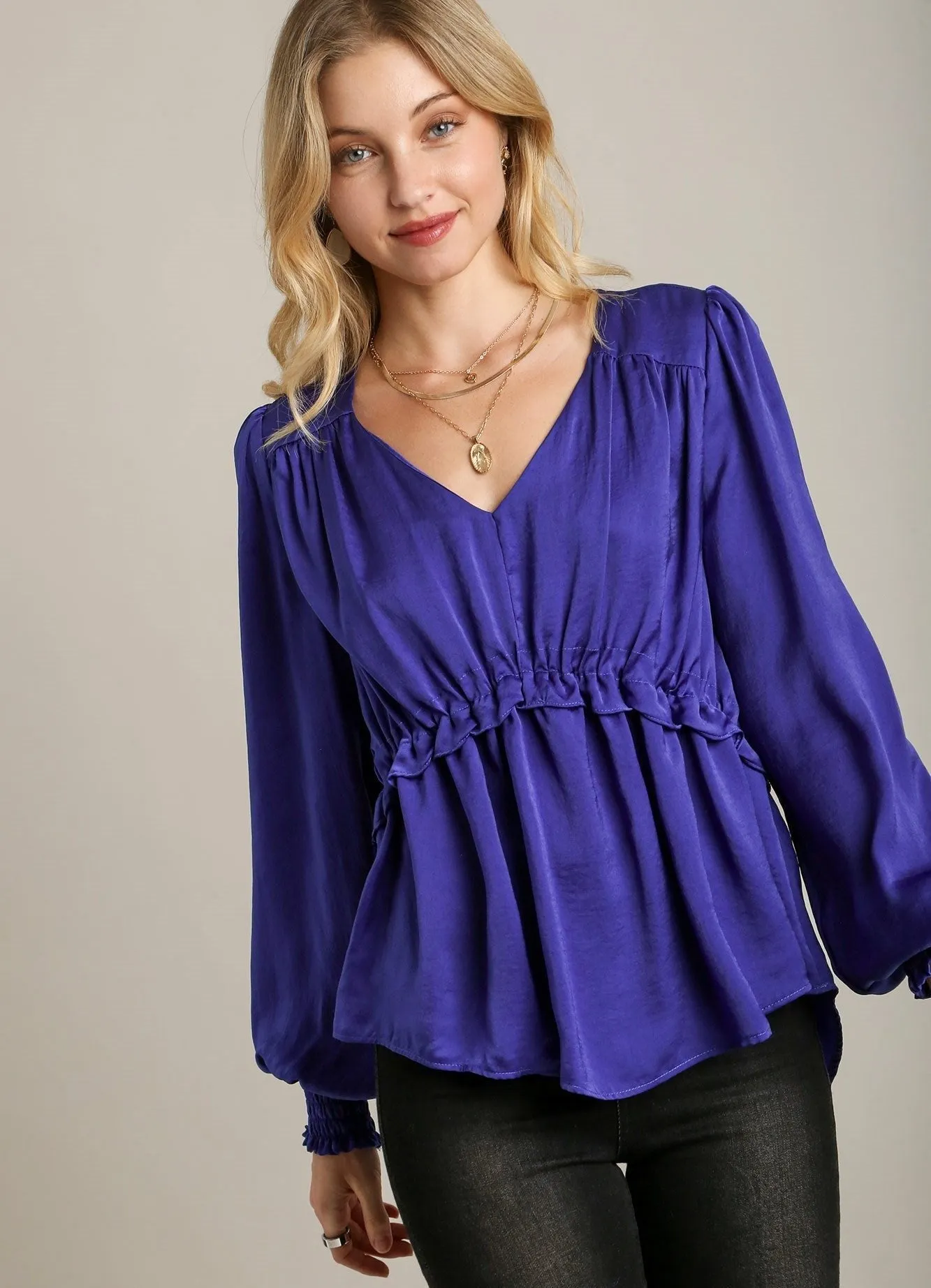 Blue Satin V-neck Ruffle Baby Doll Top With Cuffed Long Sleeve