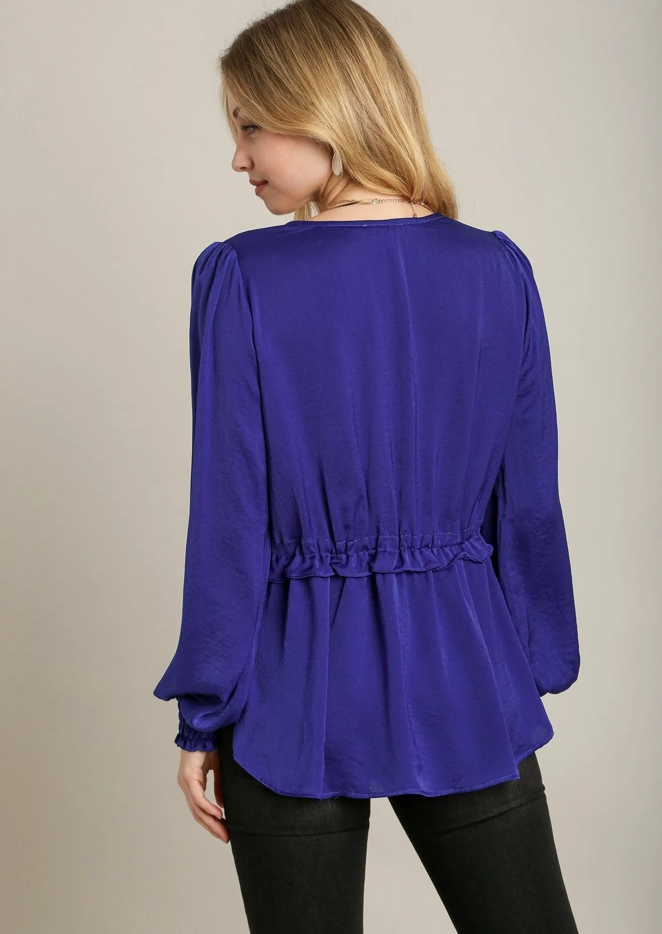 Blue Satin V-neck Ruffle Baby Doll Top With Cuffed Long Sleeve