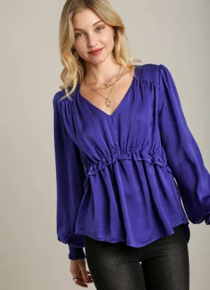 Blue Satin V-neck Ruffle Baby Doll Top With Cuffed Long Sleeve
