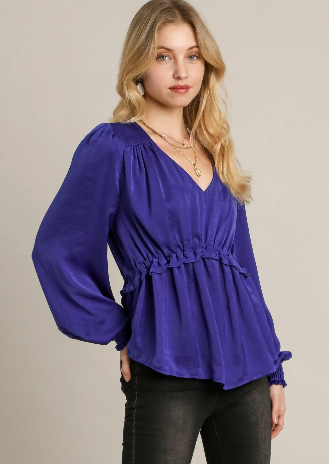 Blue Satin V-neck Ruffle Baby Doll Top With Cuffed Long Sleeve